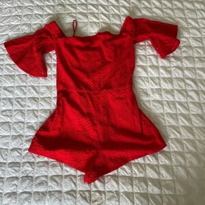 Likely Bayard Kittridge red lace off the shoulder romper